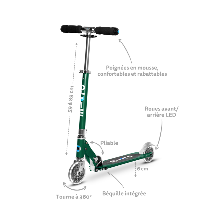 Trottinette enfant Micro Sprite Vert Sapin roues LED - Micro Mobility