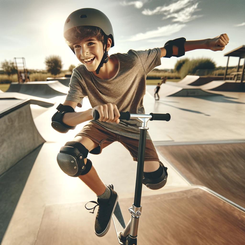 image générée par IA d'un adolescent réalisant une figure freestyle portant un casque, des coudières et des genouillères